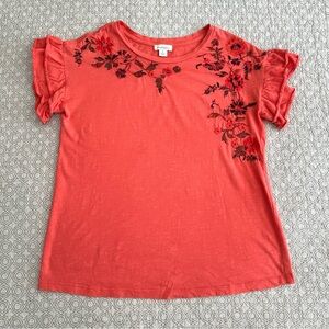 Sundance Coral Floral Embroidered Tee Flutter Ruffle Short Sleeves Boho Size S